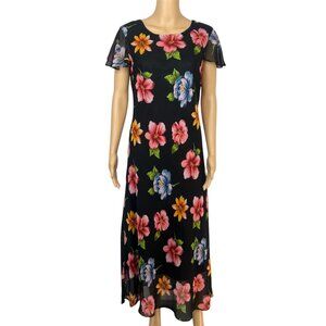 Mary Mcfadden Vintage Maxi Dress Size 10 Floral Flounce Flutter Sleeves Chic